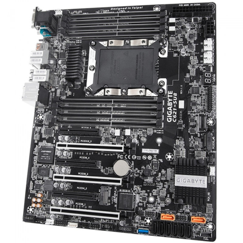 GA-C621-SU8 Intel C621 motherboard with LGA 3647 Socket P, 6-Channel DDR4 RDIMM/LRDIMM 8 x DIMMs, Aspeed® AST2500 BMC, Dual M.2, Dual Intel® Server GbE LAN, 3 PCIe x16 slots and 3 PCIe x8 slots for multi cards RTL
