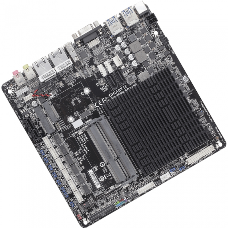 GA-IMBLAP3350, Intel® Dual-Core Celeron®N3350 (2.4 GHz), 2xDDR3-1866 SO-DIMM, D-SUB+HDMI+LVDS, 1xPCIex1, 1xMiniPCIex1, 2xSATA3, 1xM.2, 5 Ch Audio, 2xGLan, (0+4)xUSB2.0, (4+0)xUSB3.1, Thin Mini-ITX, RTL {10}