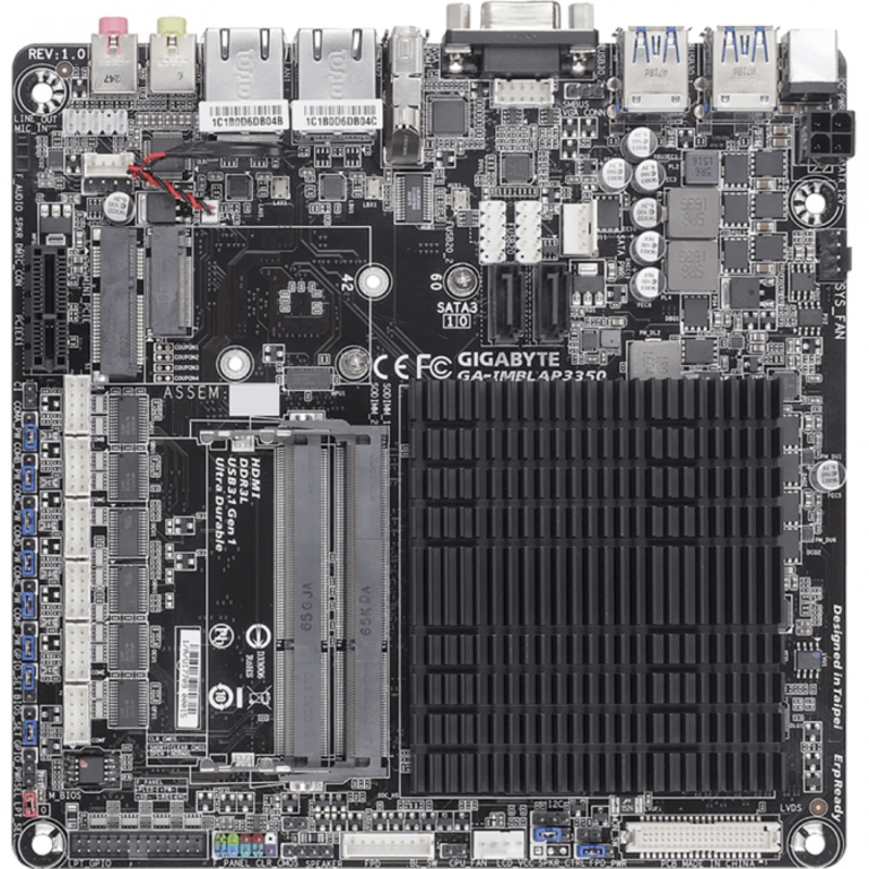 GA-IMBLAP3350, Intel® Dual-Core Celeron®N3350 (2.4 GHz), 2xDDR3-1866 SO-DIMM, D-SUB+HDMI+LVDS, 1xPCIex1, 1xMiniPCIex1, 2xSATA3, 1xM.2, 5 Ch Audio, 2xGLan, (0+4)xUSB2.0, (4+0)xUSB3.1, Thin Mini-ITX, RTL {10}