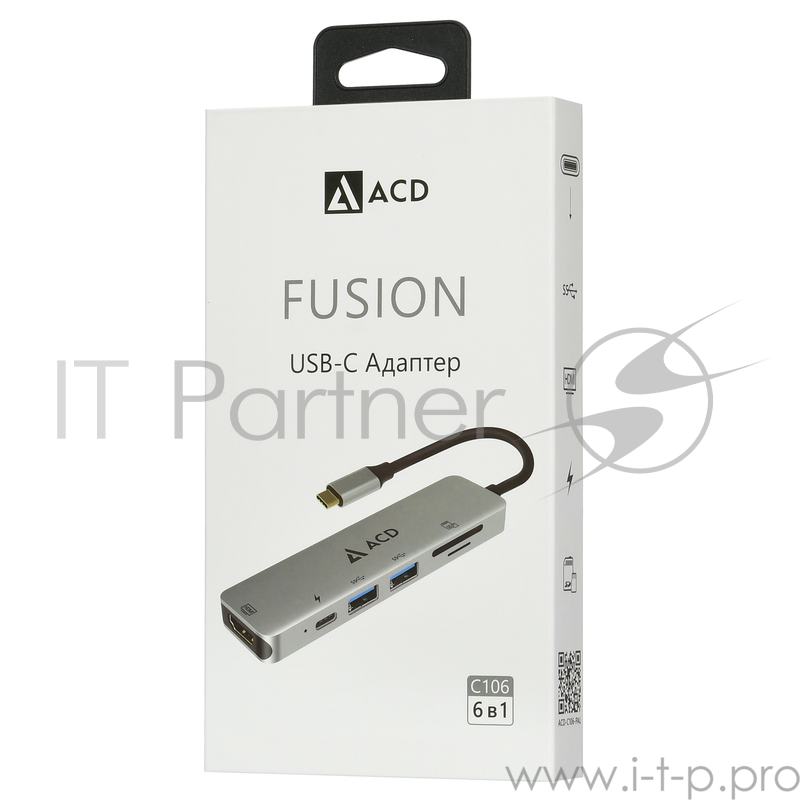 Fusion C106 Адаптер 6-в-1 USB-C в 2xUSB3.3/HDMI/SD/mSD/PD-60W (ACD-C106-PAL) RTL {50}