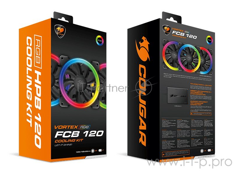 Комплект из 3-х вентиляторов Cougar VORTEX RGB FCB 120 120x120x25мм (20шт./кор, пит. от мат.платы и БП, 1200об/мин) (CF-V12SET-FCBRGB) Retail
