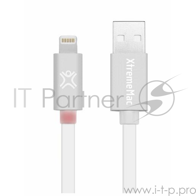 Кабель XtremeMac Lightning to USB Flat LED. Длина 1,2м. LED индикатор заряда. Цвет белый/серебряный.