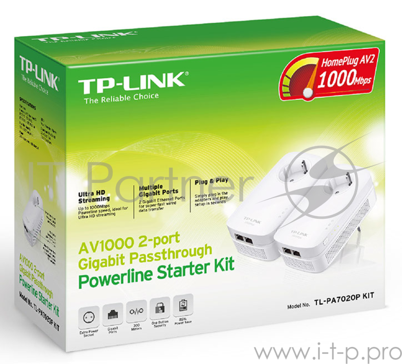 Сетевое оборудование TP-Link TL-PA7020PKIT Адаптер сетевой, комплект 2-шт, со встроенной розеткой, 1x 10/100Mbps