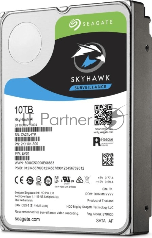 Накопитель на жестком магнитном диске Seagate Жесткий диск HDD 10TB Seagate SkyHawk ST10000VE0008 3.5 SATA 6Gb/s 256Mb 7200rpm для систем видеонаблюдения