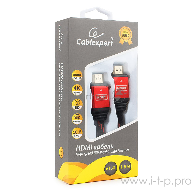 Кабель HDMI Cablexpert, серия Gold, 1,8 м, v1.4, M/M, красный, позол.разъемы, алюминиевый корпус, нейлоновая оплетка, коробка (CC-G-HDMI02-1.8M)