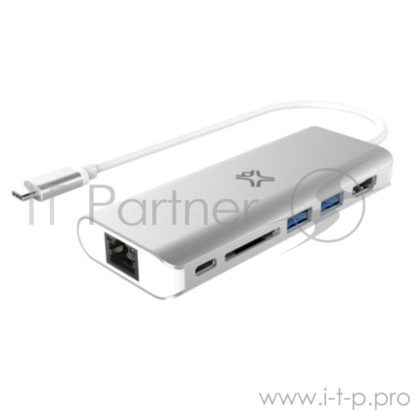 Хаб XtremeMac Type-C Hub Multiport Plus. Порты HDMI, 2*USB-A, SD CARD, USB-C, ETHERNET. Цвет серебряный.