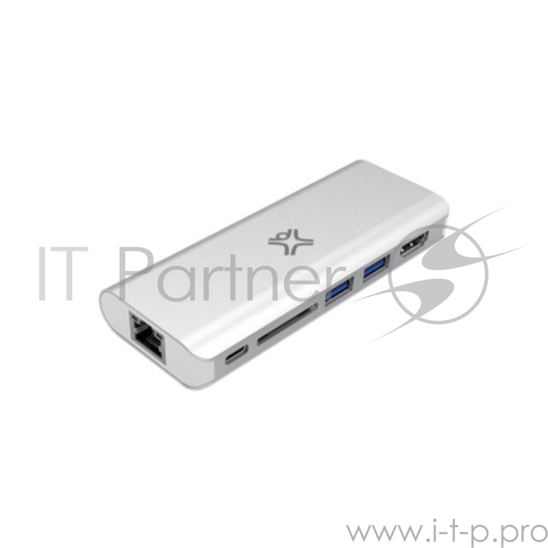 Хаб XtremeMac Type-C Hub Multiport Plus. Порты HDMI, 2*USB-A, SD CARD, USB-C, ETHERNET. Цвет серебряный.