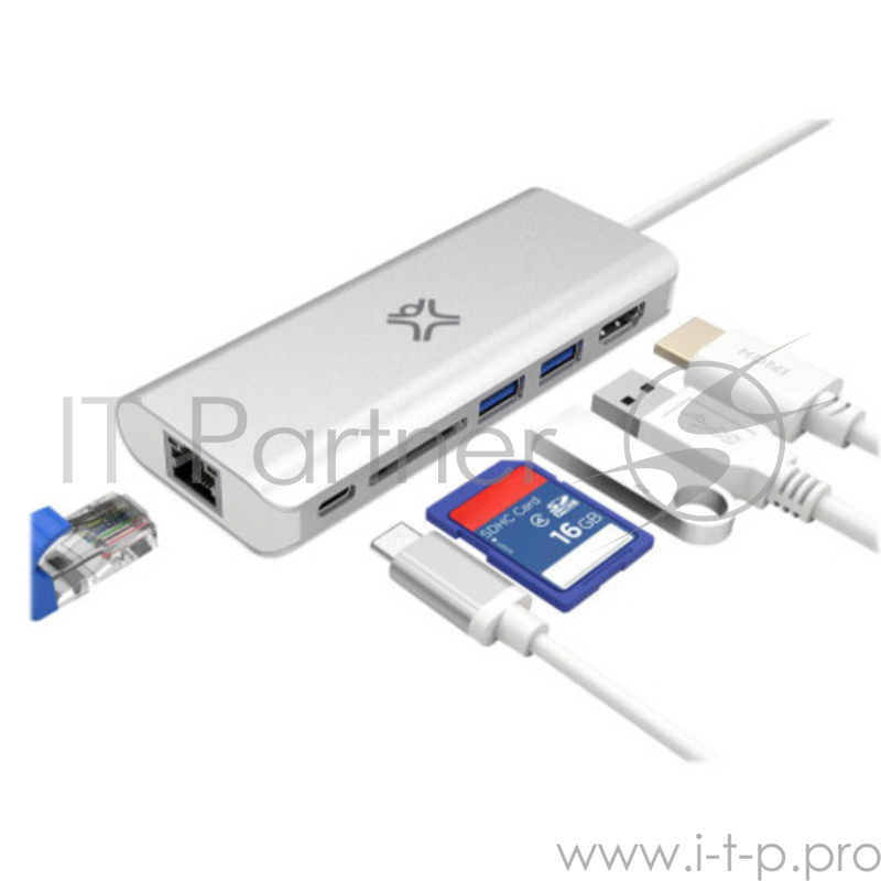 Хаб XtremeMac Type-C Hub Multiport Plus. Порты HDMI, 2*USB-A, SD CARD, USB-C, ETHERNET. Цвет серебряный.