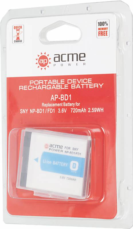 Аккумулятор для компактных камер AcmePower NP-BD1/FD1 для: Sony CyberShot DSC-TX1, Sony CyberShot DS