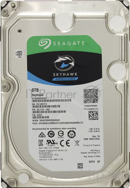 Жесткий диск 8TB Seagate SkyHawk (ST8000VX0022) {SATA 6 Гбит/с, 7200 rpm, 256 mb buffer,3.5, для видеонаблюдения}