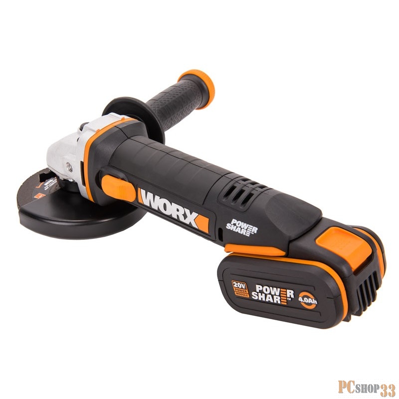 Угловая шлифмашина аккумуляторная WORX WX803 20В, 125 мм, 1*2,0Ач + 1*4,0 Ач, кейс