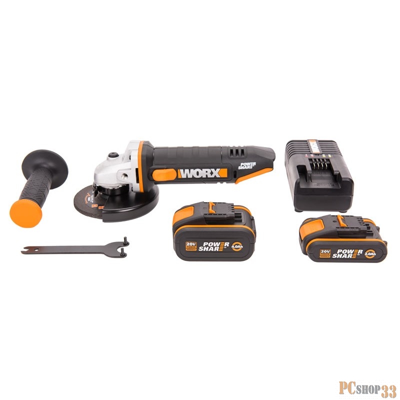Угловая шлифмашина аккумуляторная WORX WX803 20В, 125 мм, 1*2,0Ач + 1*4,0 Ач, кейс