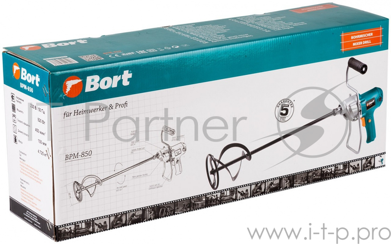 Дрель-Миксер BORT BPM-850 Потребляемая мощность 820 Вт Количество скоростей 1 Скорость холостого хода 450 об/мин Диаметр лопасти 100 мм Тип крепления насадки Key тип Вес изделия 3,6 кг 4,73 (4,46) кг 61 x 15 x 25 Ключ 2, Мешалка, Дополнительный ко