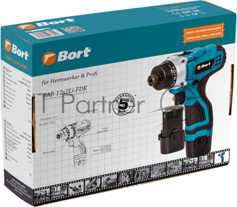 Шуруповерт Bort BAB-12x2Li-FDK аккум. патрон:держатель бит