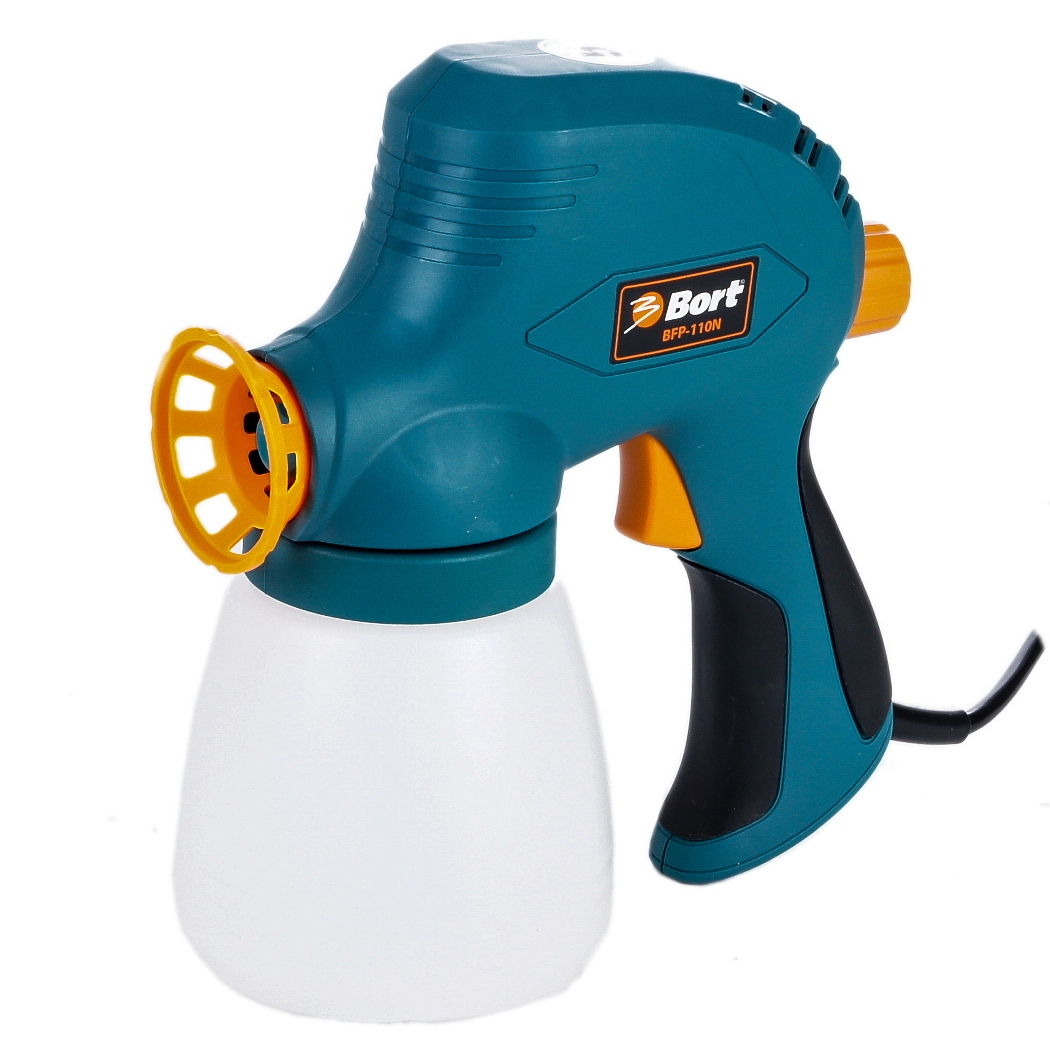 Краскопульт электрический Bort BFP-110N (мощность 110 Вт производительность 0,3 л/мин бачок 800 мл регулировка скорости набор аксессуаров 5 шт)