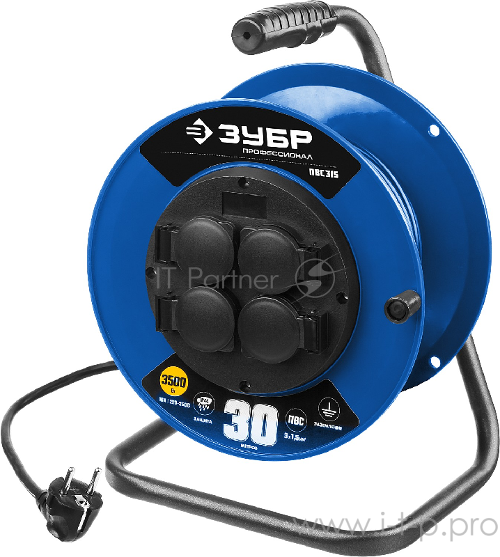 Удлинитель ЗУБР 55081-30 на катушке ПВС 315, 30 м, 3500 Вт, 4 гнезда, IP44, ПВС 3х1,5 кв мм