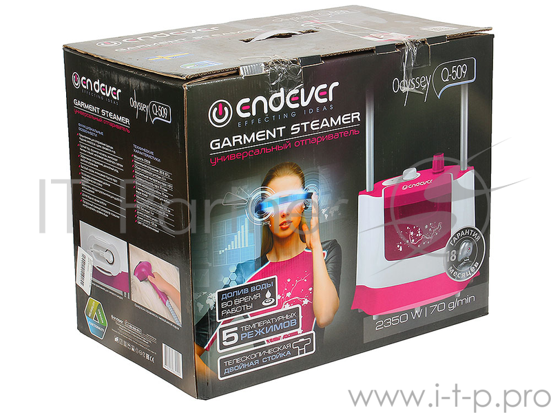 Отпариватель для одежды Endever Odyssey Q-509, 2350 Вт, про-сть пара 70 г/мин, даваление 3,5 Бар, макс. темп. пара 110, объем 2,5 л