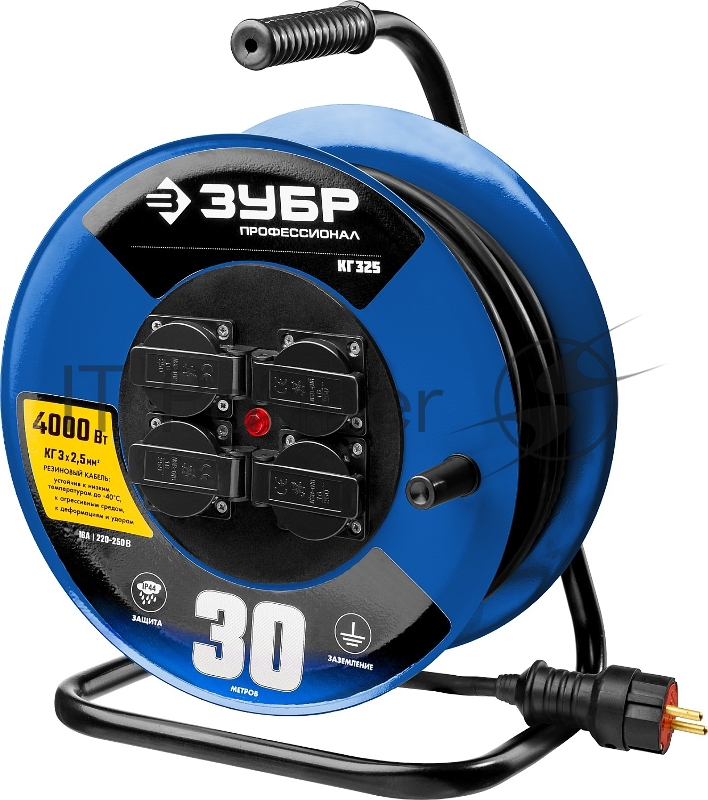 Удлинитель ЗУБР 55079-30 на катушке КГ 325, 30 м, 4000 Вт, 4 гнезда, IP44, КГ 3х2,5 кв мм