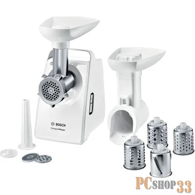 Мясорубка BOSCH MFW3X13W CompactPower,2000Вт, 2,5 кг/мин, цвет: белый, механическая защ ита от перегрузки, 2 скор. , реверс.Комплект: 2 диска для фарша, насадка для колбасок, насадка-терка (3 барабана)