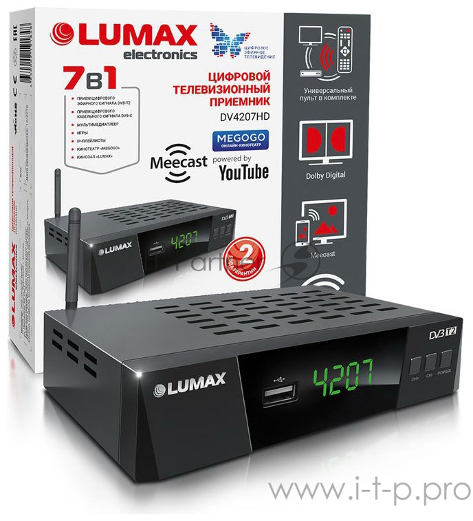Приставка DVB-T2 LUMAX Приставка DVB-T2 LUMAX/ GX3235S, эфирный + кабельный, Металл, 3 кнопки, дисплей, USB, 3RCA, HDMI, внешний б/п, встроенный Wi-Fi адаптер, Кинозал LUMAX (более 500 фильмов)