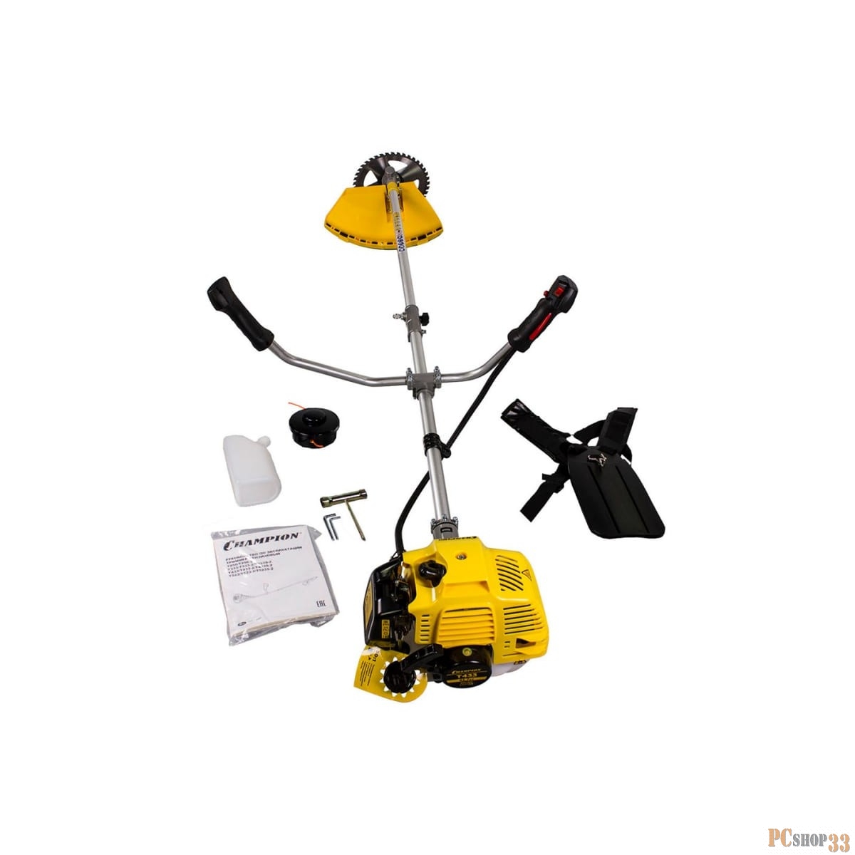 Триммер Champion T433 переносной триммер бензиновый двигатель, 43 см³, 1.7 л.с. ширина скашивания: 40 см в комплекте: леска (2.4 мм), нож, плечевой ремень вес: 8.2 кг бак на 0.95 л прямая штанга уровень шума 102 дБ
