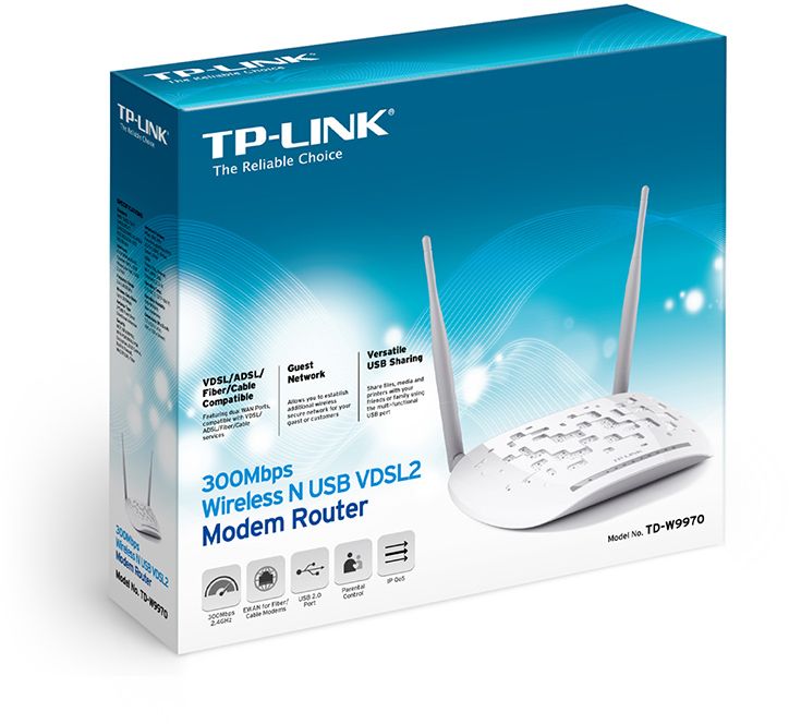 Сетевое оборудование TP-Link TD-W9970 Маршрутизатор с VDSL/ADSL модемом TD-W9970, 300 Мбит/с, VDSL2/ADSL2+, Annex A, 4 порта 100 Мбит/с, 1 порт USB 2.0
