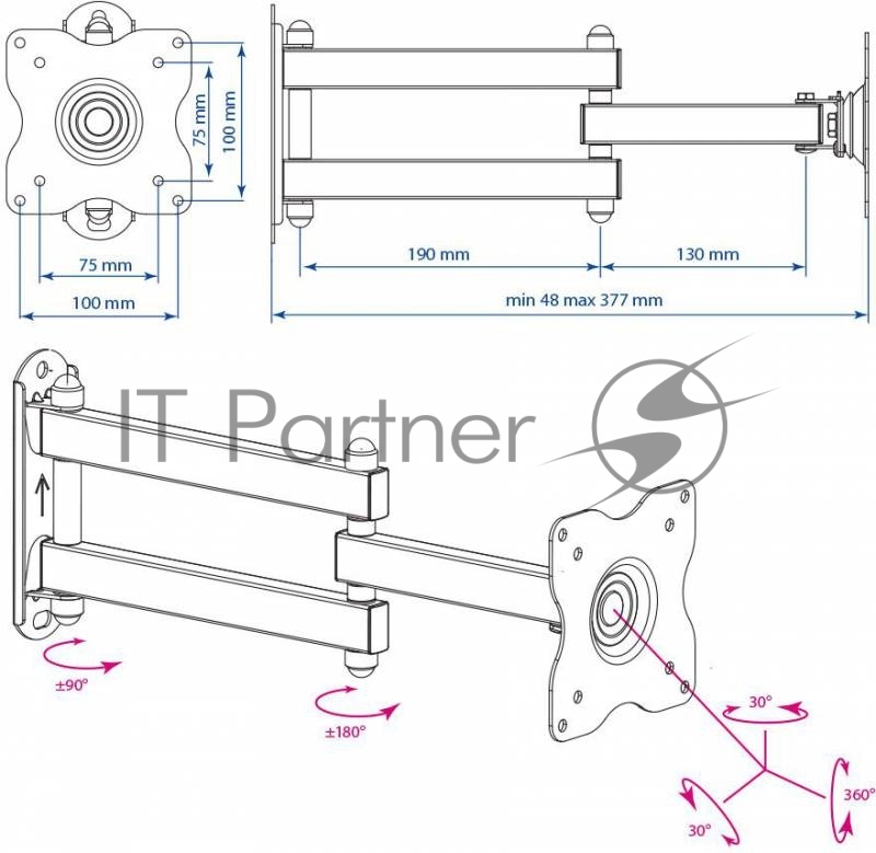 Крепеж Kromax DIX-15 black, Кр. стал. наст. для TV 15-28, max 30 кг, 5 ст св., нак. ±15°, пов. 180°, от ст. 48-377 мм, max VESA 100x100 мм.