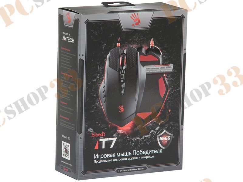 Оптическая мышь A4Tech Bloody T7, 8кн.+скр., черно-красный (USB)