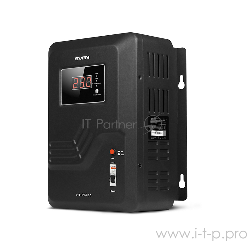 Стабилизатор SVEN VR-P 5000, релейный, 5000Ва, 3300вт, 140-275в, клеммы, черный, габариты 350 ? 285 ? 160мм, 9.51кг. Stabilizer SVEN VR-P 5000, Relay, 5000VA, 3300W, 140-275v, output terminals, black, 350 ? 285 ? 160mm, 9.51kg.