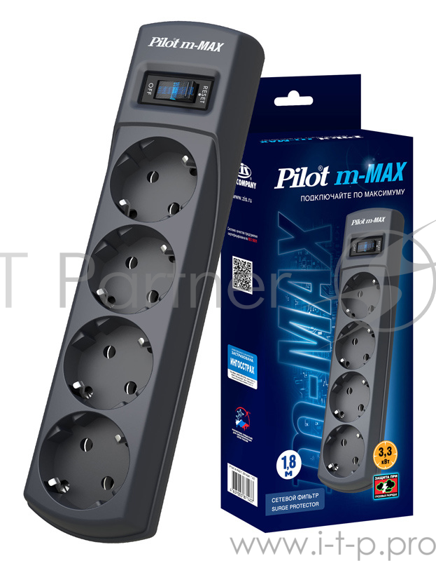 Сетевой фильтр Pilot m-MAX 1.8м (4 розетки) серый (коробка)
