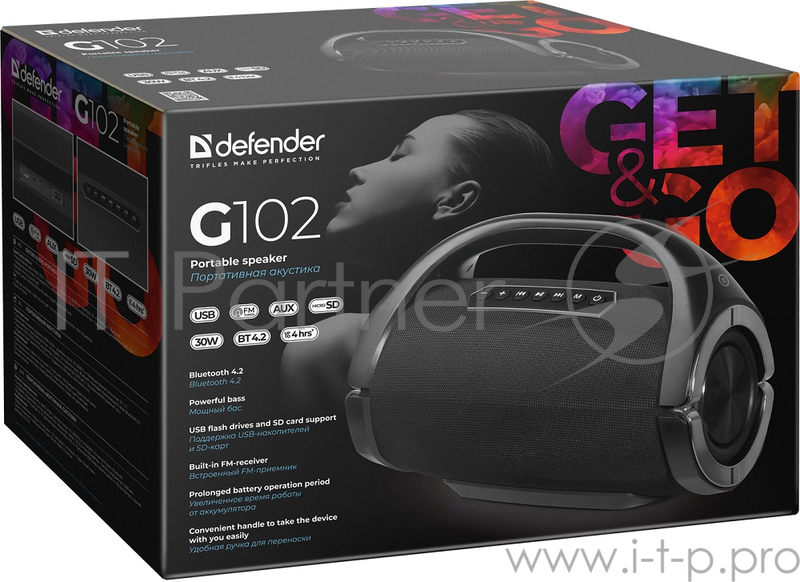 Акустическая система 1.0 G102 BLACK BT/FM/TF/USB 65690 DEFENDER