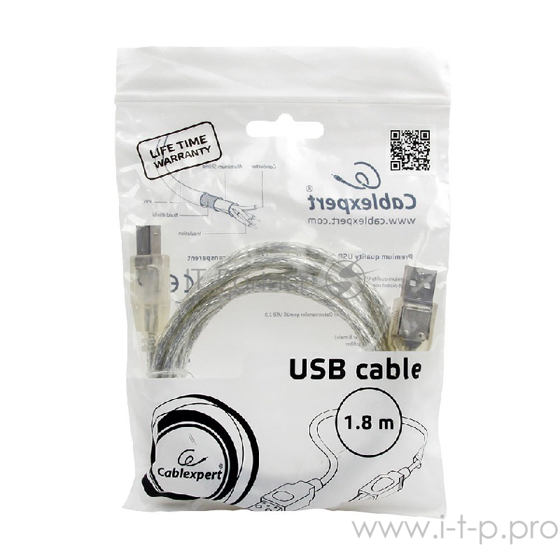 Кабель Cablexpert Кабель USB 2.0 Pro, AM/BM, 1,8м, экран, 2 феррит.кольца, прозрачный (CCF-USB2-AMBM-TR-6)