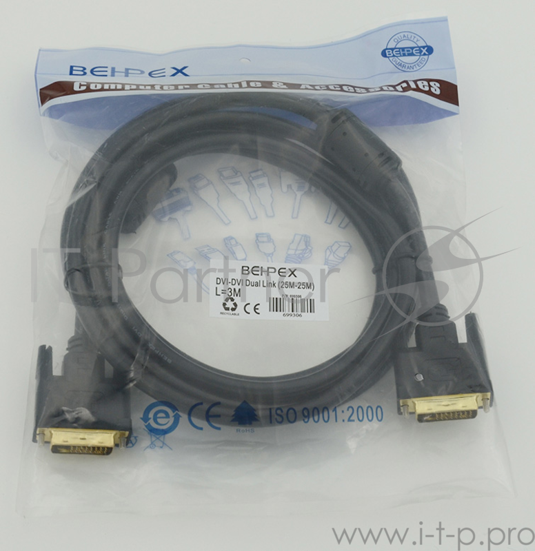 Кабель VCOM VDV6300-3M Кабель DVI-DVI Dual Link (25M-25M), 3m, 2 фильтра