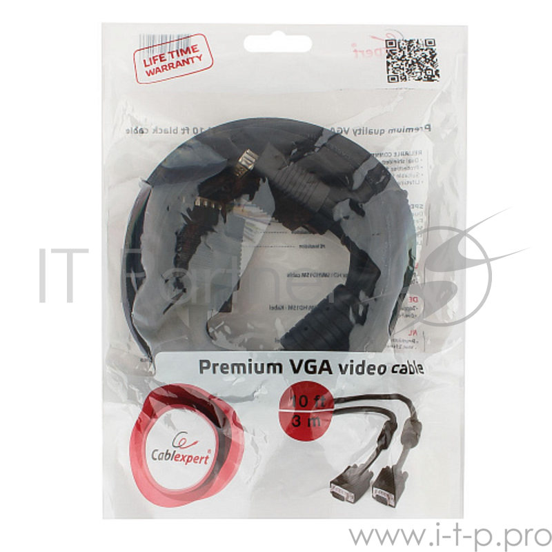 Кабель Gembird/Cablexpert CC-PPVGA-10-B, Кабель VGA Premium , 15M/15M, 3.0м, черный, тройной экран, феррит.кольца