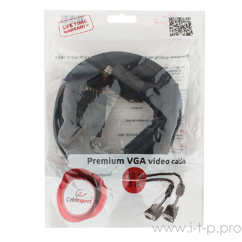 Кабель Gembird/Cablexpert CC-PPVGA-10-B, Кабель VGA Premium , 15M/15M, 3.0м, черный, тройной экран, феррит.кольца