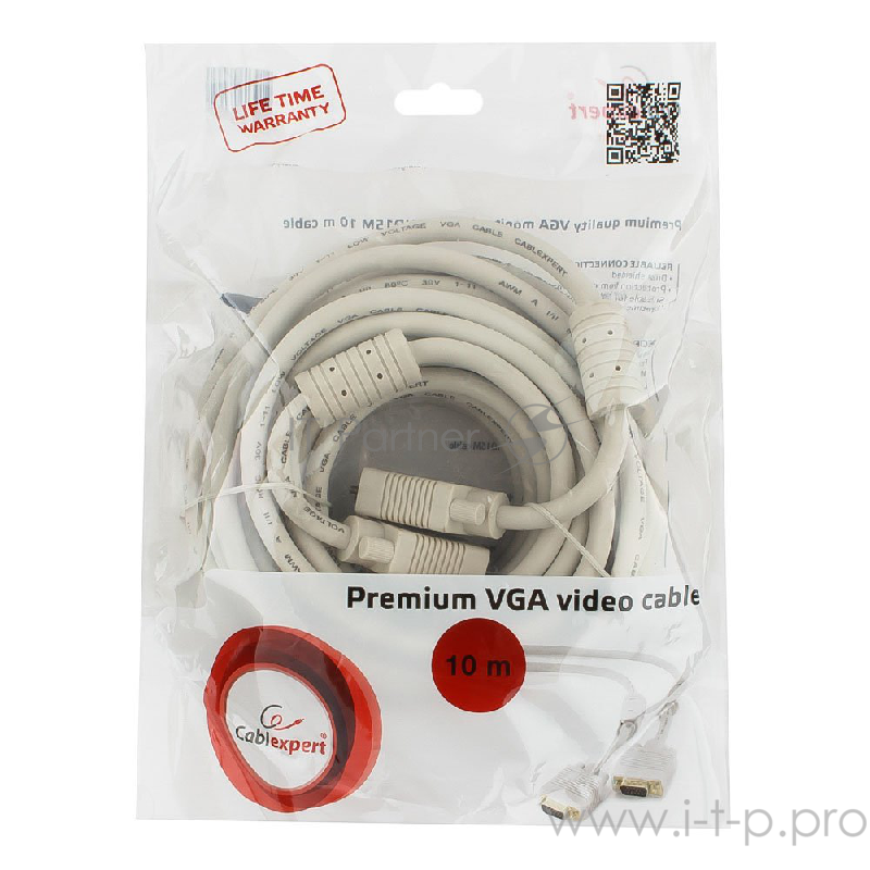 Кабель Gembird/Cablexpert CC-PPVGA-10m, Кабель VGA Premium , 15M/15M, 10м, серый, тройной экран, феррит.кольца