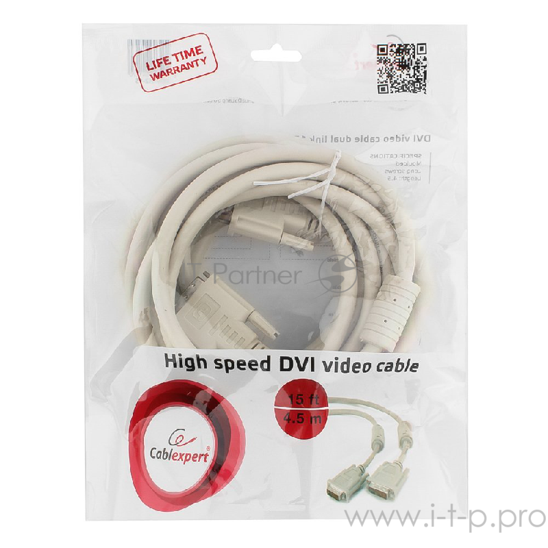 Кабель Кабель DVI-D dual link Gembird, 4.5м, 25M/25M, экран, феррит.кольца, пакет CC-DVI2-15