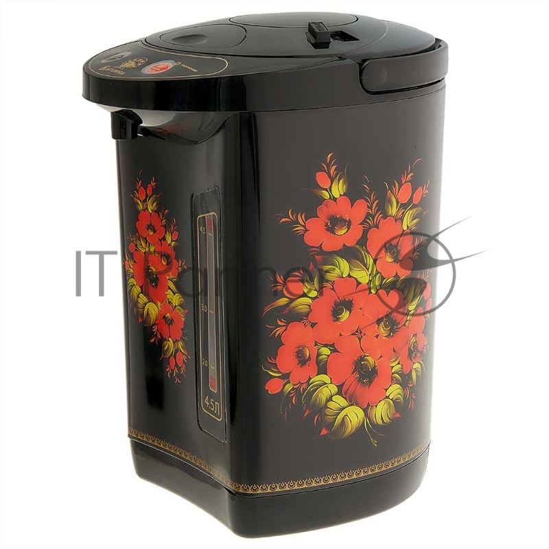 Термопот ВАСИЛИСА ВА-5007 Жостово Объем 4,5 л. Мощность в режиме кипячения 900 Вт. Мощность в режиме поддержания температуры воды 30 Вт. Внутренняя ёмкость из нержавеющей стали. Вращение корпуса на основании на 360°. Шкала уровня воды. Световые индик