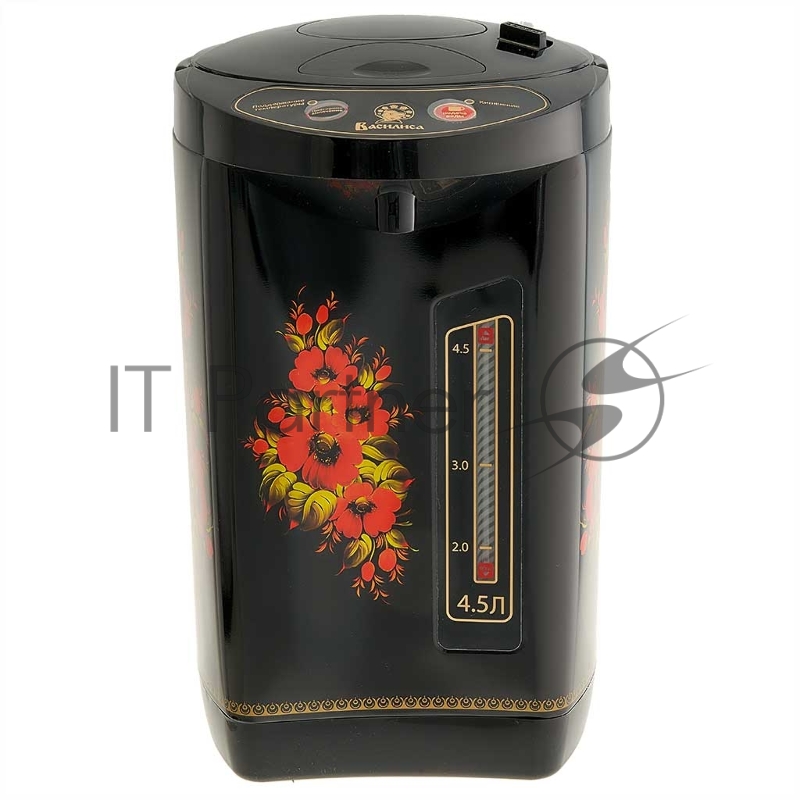 Термопот ВАСИЛИСА ВА-5007 Жостово Объем 4,5 л. Мощность в режиме кипячения 900 Вт. Мощность в режиме поддержания температуры воды 30 Вт. Внутренняя ёмкость из нержавеющей стали. Вращение корпуса на основании на 360°. Шкала уровня воды. Световые индик