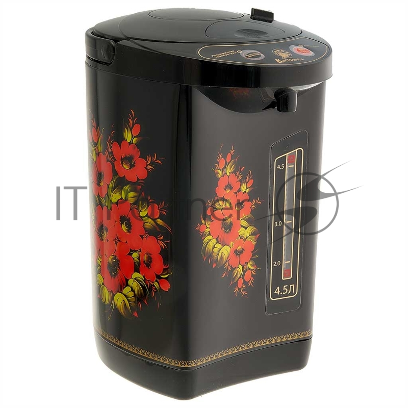 Термопот ВАСИЛИСА ВА-5007 Жостово Объем 4,5 л. Мощность в режиме кипячения 900 Вт. Мощность в режиме поддержания температуры воды 30 Вт. Внутренняя ёмкость из нержавеющей стали. Вращение корпуса на основании на 360°. Шкала уровня воды. Световые индик