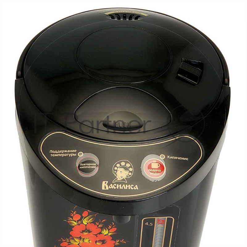 Термопот ВАСИЛИСА ВА-5007 Жостово Объем 4,5 л. Мощность в режиме кипячения 900 Вт. Мощность в режиме поддержания температуры воды 30 Вт. Внутренняя ёмкость из нержавеющей стали. Вращение корпуса на основании на 360°. Шкала уровня воды. Световые индик