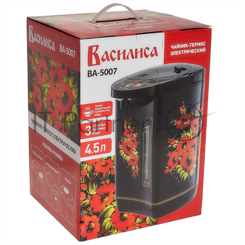 Термопот ВАСИЛИСА ВА-5007 Жостово Объем 4,5 л. Мощность в режиме кипячения 900 Вт. Мощность в режиме поддержания температуры воды 30 Вт. Внутренняя ёмкость из нержавеющей стали. Вращение корпуса на основании на 360°. Шкала уровня воды. Световые индик