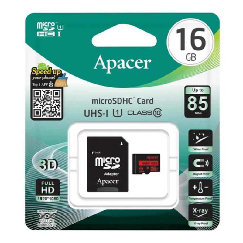microSDHC 16GB Apacer Memory Card AP16GMCSH10U5-R UHS-I U1 Class 10, R85, Adapter, RTL (912602)