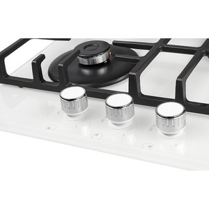 Газовая варочная поверхность Kuppersberg FQ42W, закаленное стекло, ширина 45 см, 3 газовые конфорки, WOK конфорка повышенной мощности, автоподжиг, газ-контроль, чугунные решетки, цвет белый / кромка FACET
