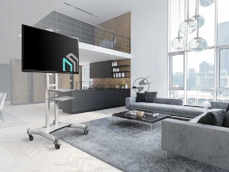 Мобильная стойка ONKRON на 1 ТВ Мобильная стойка ONKRON на 1 ТВ/ 55-80 от 200х200 до 800х500, макс нагр 90,9кг, портретная/альбомная ориентация, высота 1050-1650мм, белая