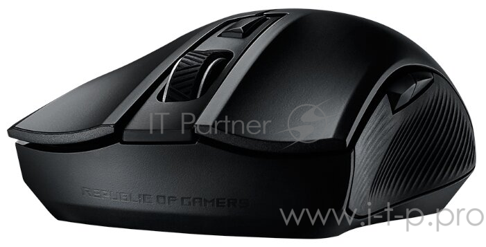 Беспроводная Игровая мышь ASUS ROG Strix Carry чёрная (2.4GHz/Bluetooth, 6 кнопок, Omron, 7200 dpi, USB, чехол, 2 х АА, 90MP01B0-B0UA00)