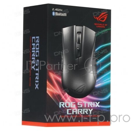 Беспроводная Игровая мышь ASUS ROG Strix Carry чёрная (2.4GHz/Bluetooth, 6 кнопок, Omron, 7200 dpi, USB, чехол, 2 х АА, 90MP01B0-B0UA00)