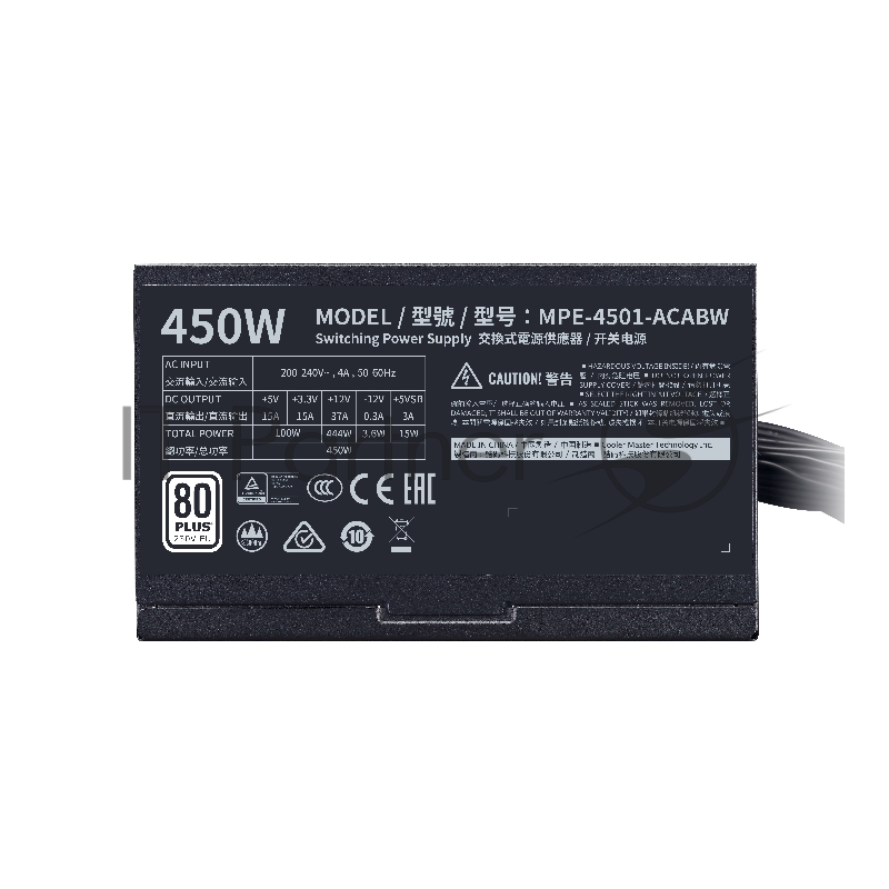 Блок питания 450 Ватт Power Supply Cooler Master MWE White, 450W, ATX, 120mm, 6xSATA, 2xPCI-E(6+2), APFC, 80+ White
