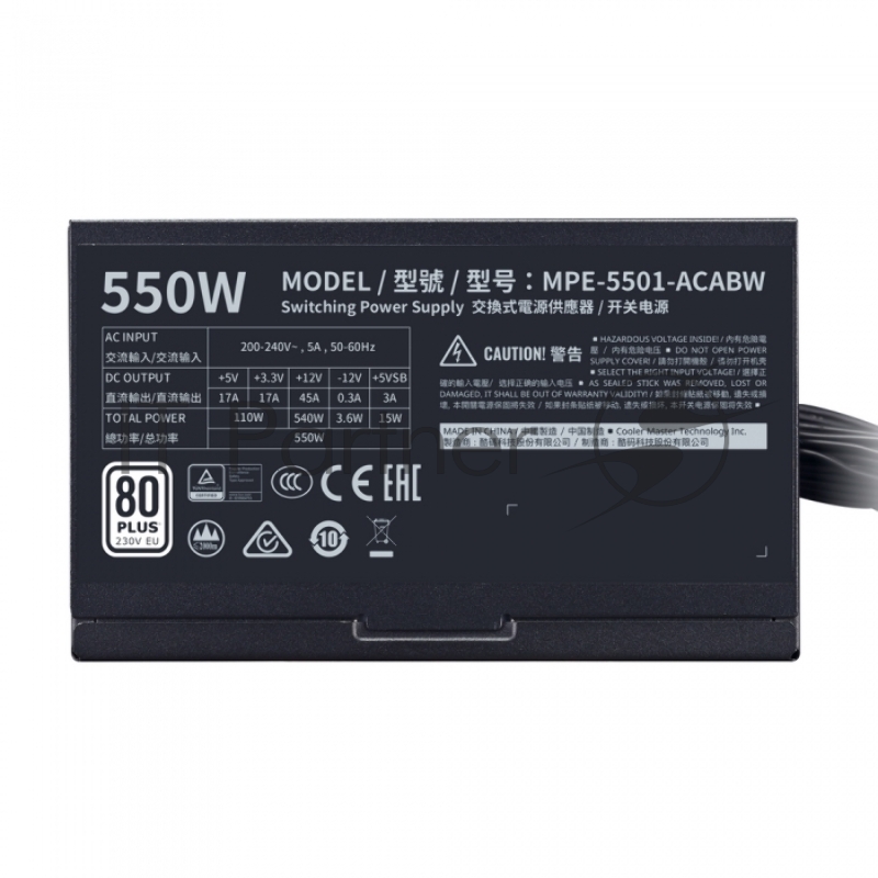 Блок питания 550 Ватт Power Supply Cooler Master MWE White, 550W, ATX, 120mm, 6xSATA, 2xPCI-E(6+2), APFC, 80+ White