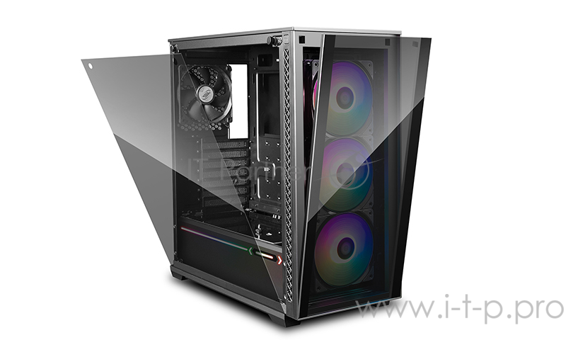 Корпус Deepcool MATREXX 70 ADD-RGB 3F без БП, большое боковое окно, 3xRGB LED 120мм ветилятора спереди, RGB LED спереди, черный, E-ATX